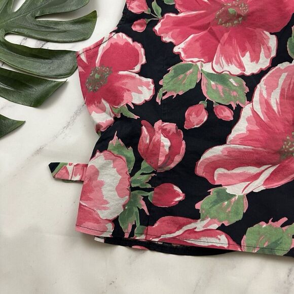 St Johns Bay Womens Vintage Y2k Wrap Crop Top Size L Black Pink Floral Tie Trim - Picture 9 of 9